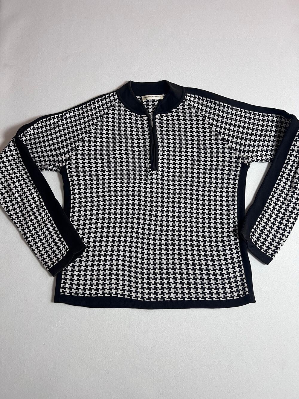 Fairway & Greene Womens XS Black White Houndstooth 1/4 Zip Pima Cotton Sweater